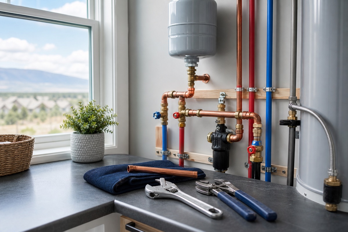 Organized residential plumbing pipes and repair tools